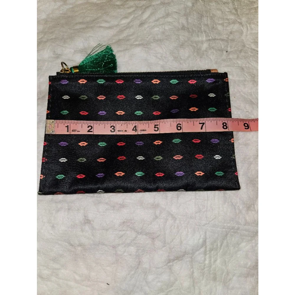 J Crew Make Up Bag Black with Lip Design Pattern & Tassle